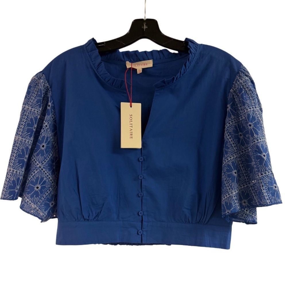 NWT Solitaire Blue Embroidered Eyelet Boho Crop Top Size XL